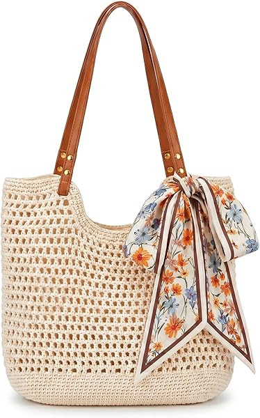 Crochet Beach Tote Bag for Women with Zipper Closure & Lining, Summer Woven Shoulder Bag, Straw S... | Amazon (US)