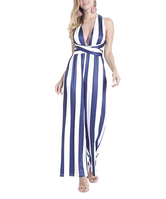 Maison Mascallier Women's Jumpsuits Blue&White - Blue & White Stripe Deep V-Neck Palazzo Jumpsuit -  | Zulily