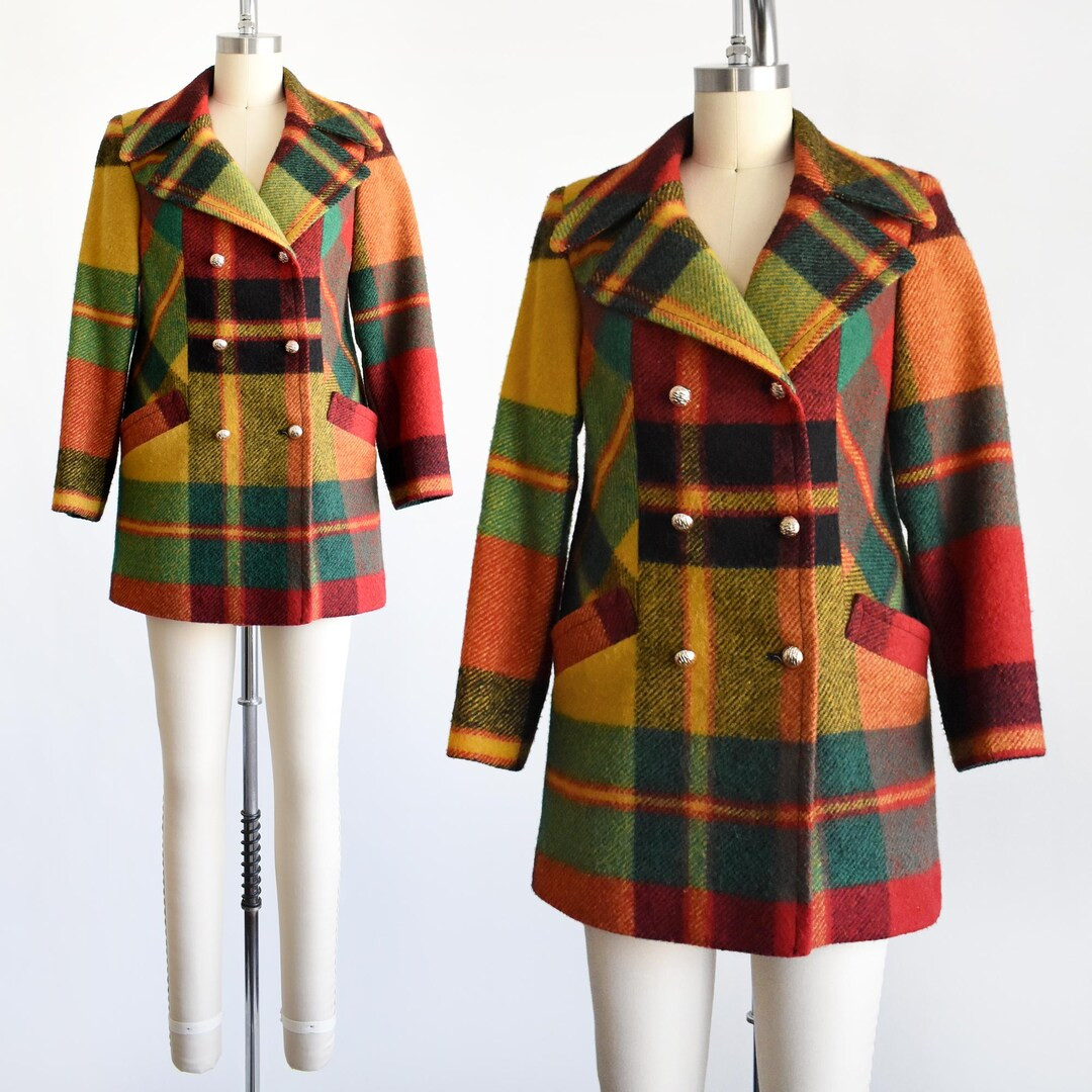 Vintage 1970s Rainbow Plaid Wool Coat, Xs - Etsy | Etsy (US)