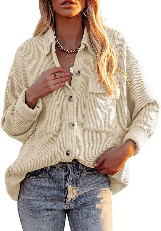 Bdcoco Womens Corduroy Jackets Long Sleeve Boyfriend Button Down Oversized Coat Outwear | Amazon (US)