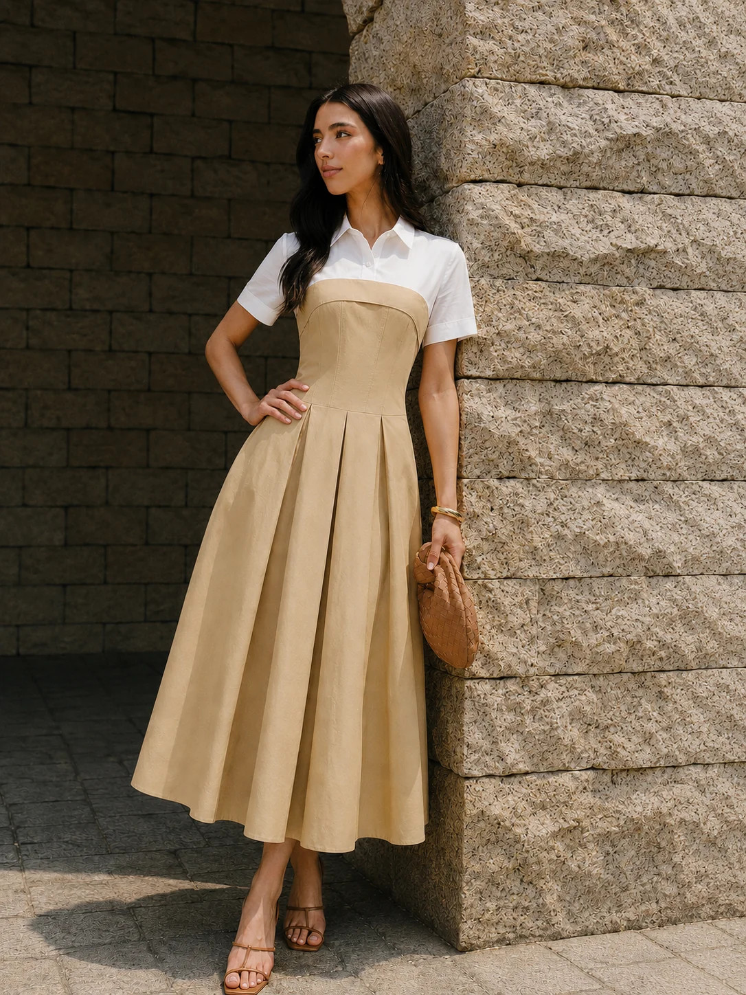 Fake Two Piece Shirt Collar Pleated Maxi Dress | Commense