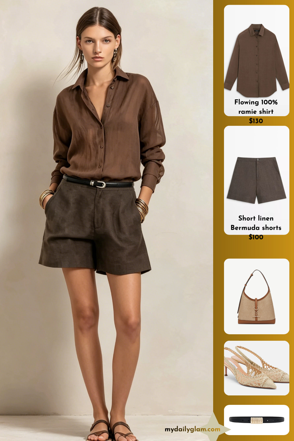 Minimal Summer Earth Tone Two Piece Outfit Sheer Textured Dark Linen Blouse & Relaxed Knee Length Linen Bermuda Shorts Capsule Look

#SummerLinenOutfit #MinimalFashion #CapsuleWardrobe 

 #LTKootd #LTKOver40 #LTKWorkwear