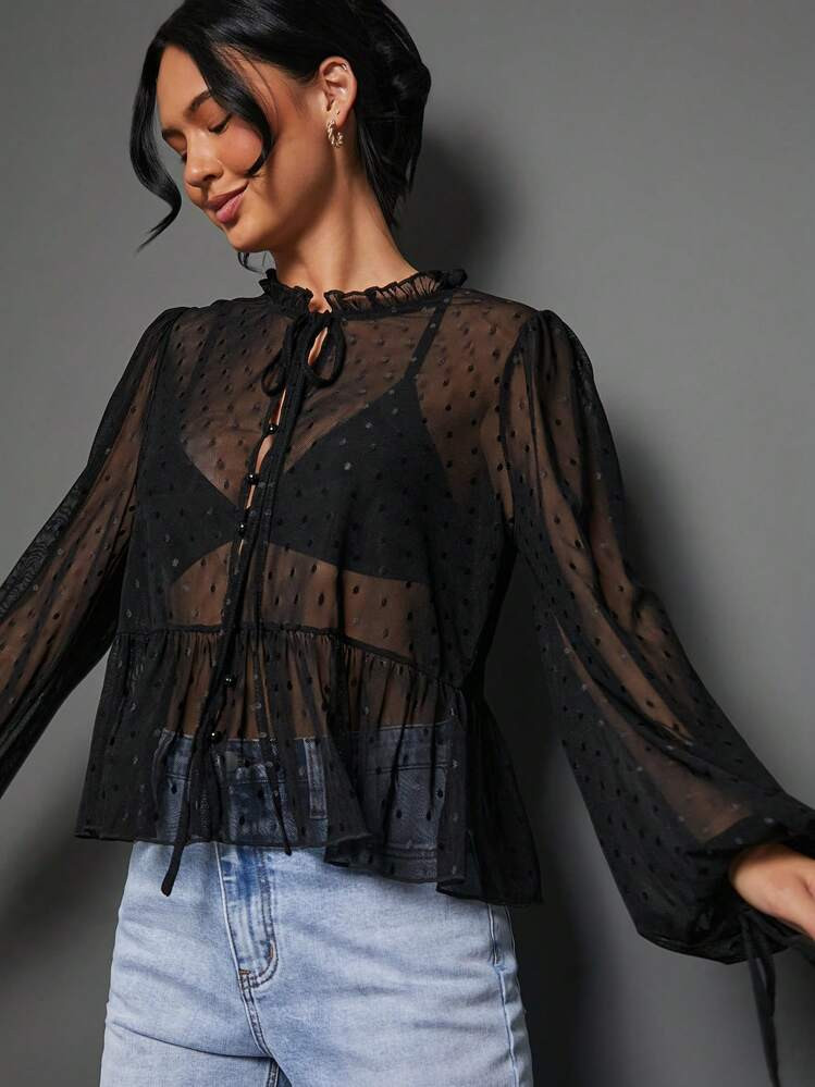 WESTFADE Sheer Dot Mesh Tie Neck Ruffle Peplum Long Sleeve Top | SHEIN