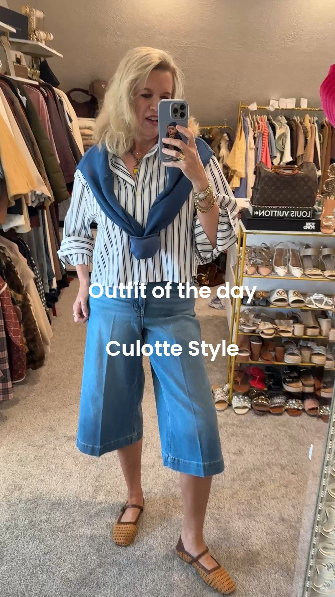 Outfit of the day
Culotte Style
Perfect for Spring Summer

Spanx’s New 360 denim
Lightweight and perfect for Spring & Summer
Button and zipper fit tts and flattering hold you in technology. So comfortable tts

Air essentials sweatshirt buttery soft thrown over shoulders .. tts 

⚠️Save 15% on Spanx with code Deardarcyxspanx 

Madewell- one of my favorite style -cropped button-up tops
With  fabulous cuff sleeves and button details - comes in different patterns and colors each season (this stripe is old) linked this seasons 
On sale in app starting tomorrow fits tts in small 

Madewell Mary Jane’s seasonal coolers and styles 
Are so good I have in red 

I am wearing the cane and leather Maryjane’s so good under $70 instock

#LTKxMadewell #LTKootd #LTKgrwm