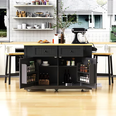 Kitchen Island with 2 Bar Stools, Kitchen Storage Cart on Wheels with Drop Leaf, Rolling Kitchen Island with Drawers and Power Outlet, Black | Target