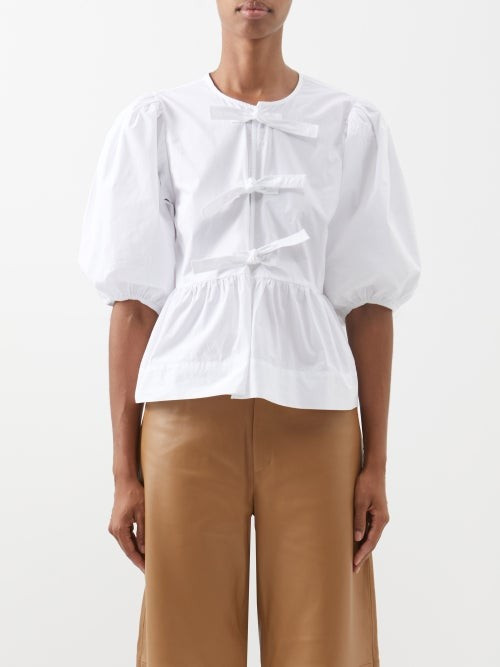 Ganni - Tie-front Puff-sleeve Organic-cotton Blouse - Womens - White | Matches (US)