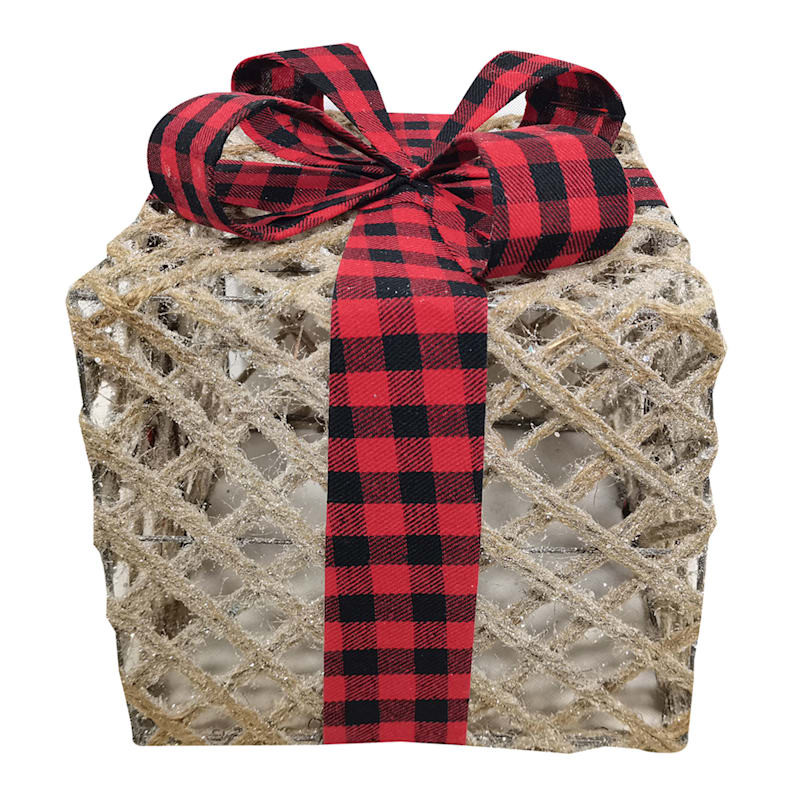 Neutral Gift Box with Red Buffalo Plaid Bow, 8" | At Home