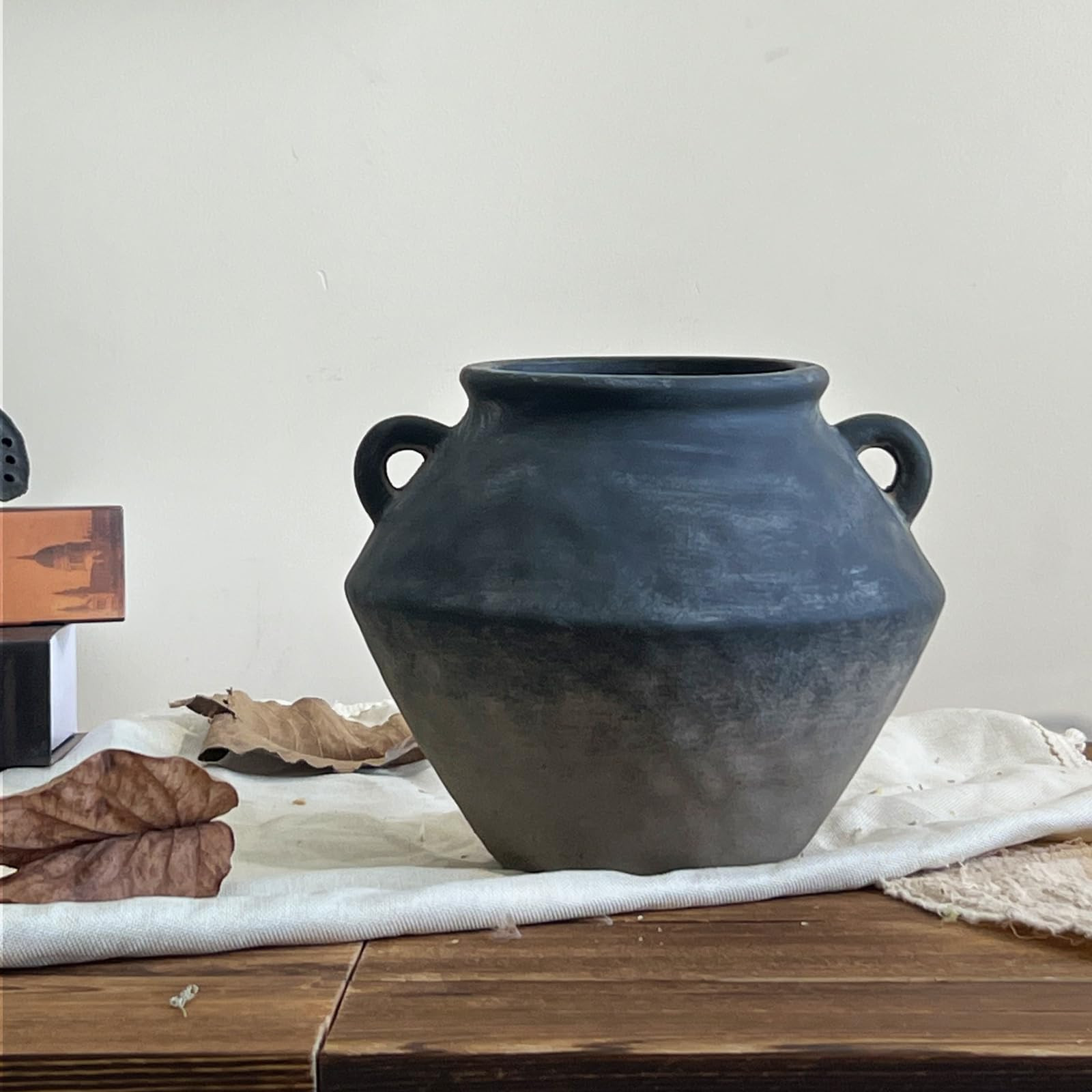 Farmhouse Ceramic Rustic Vase with 2 Handles, Black Flower Vases for Home Decor, 6.14 Inch Dining... | Amazon (US)