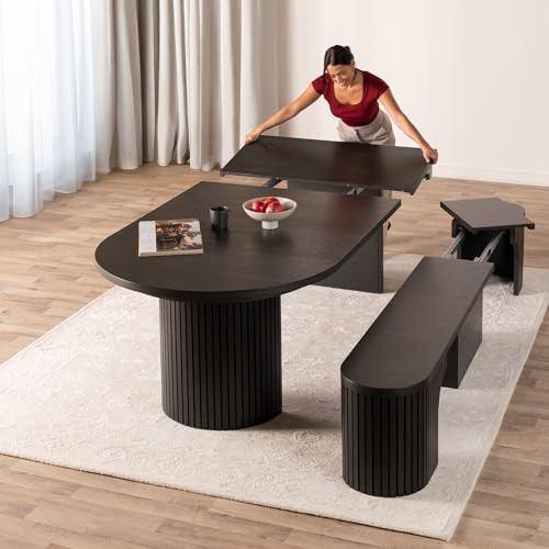 Transformer Table - Solid Wood Extendable Round Dining Table Set with Bench, Seats 4-10, Extendable Round Dining Set, Seat with Hidden Panel Storage, Black (Table + Bench) | Amazon (US)
