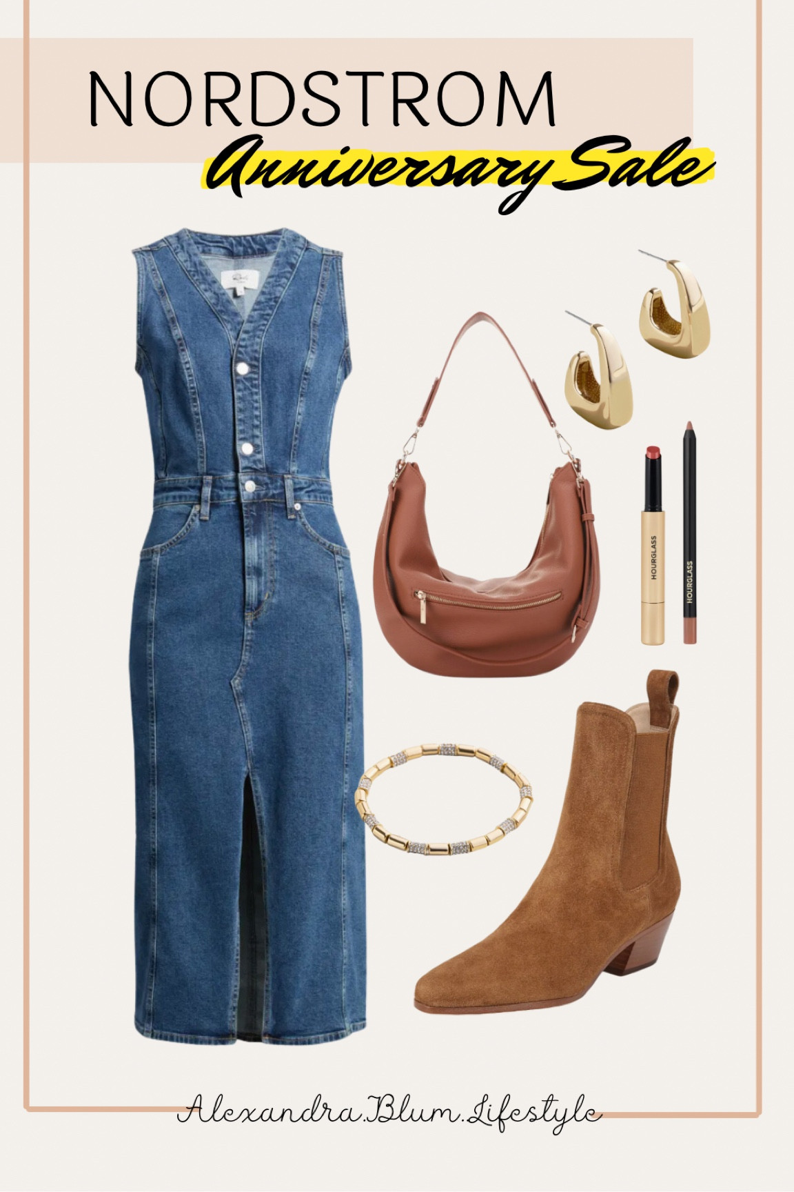 Nordstrom Anniversary Sale outfit idea! Western outfit idea! Country concert outfit idea! Long denim jean dress, suede brown booties, brown handbag, thick gold hoop earrings and hourglass lip combo! 

#LTKxNSale #LTKShoeCrush #LTKItBag