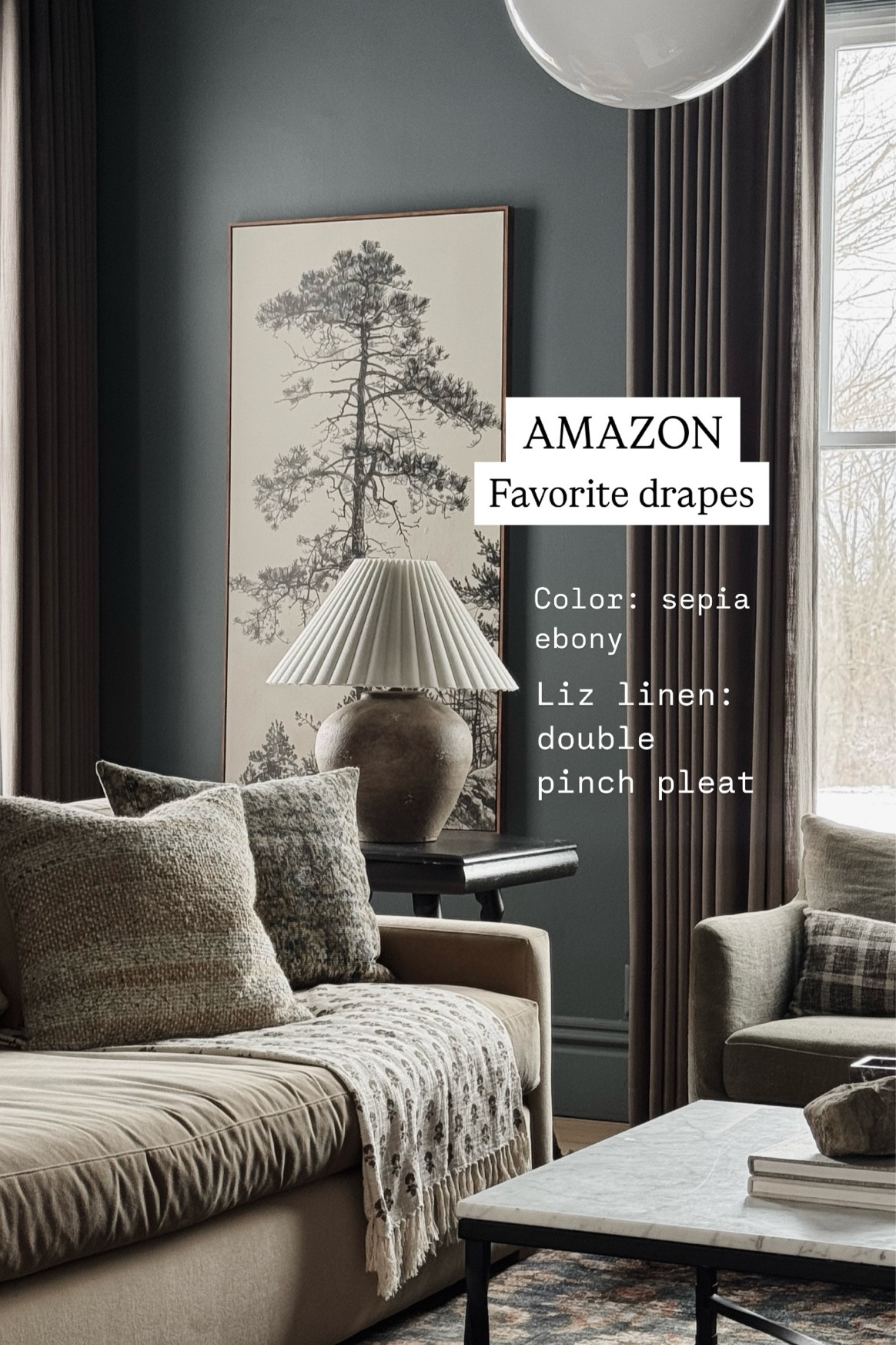 My favorite custom drapes from Amazon two pages the style is Liz Linkn and the color is sepia Ebony. Custom drapes from Amazon, brown grapes. I got double pinch plate. The width is 50 per panel and the height is 111 inches for our 10 foot ceilings.

#LTKStyleTip #LTKSaleAlert #LTKHome