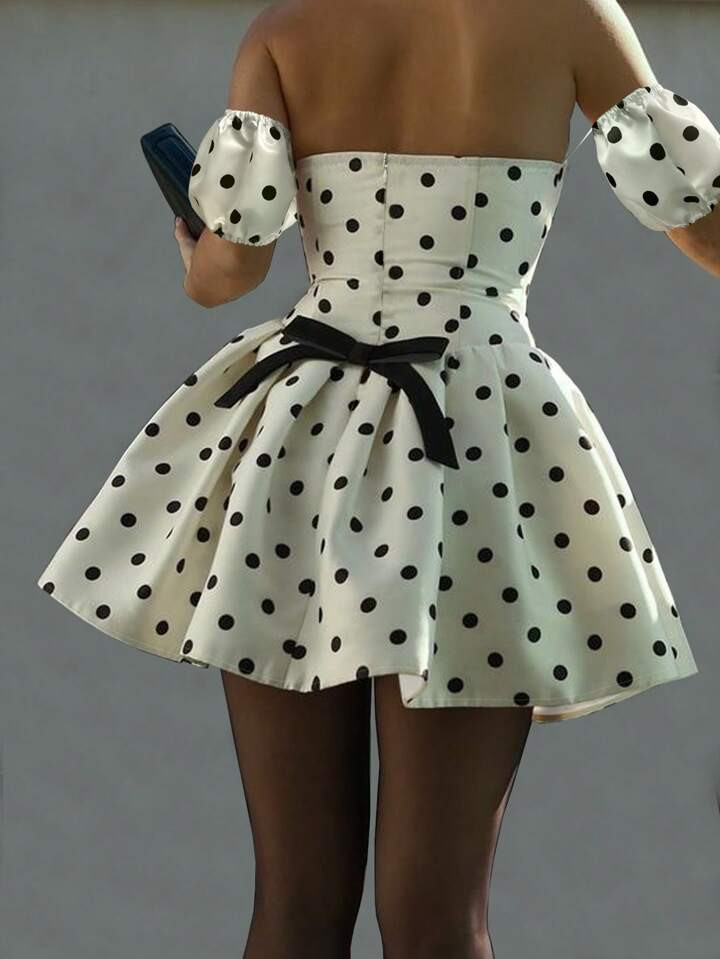 INAWLY Ivory Woven Satin Polka Dot Print Strapless Puff Sleeve Sexy Mini Grad Dress For Women | SHEIN