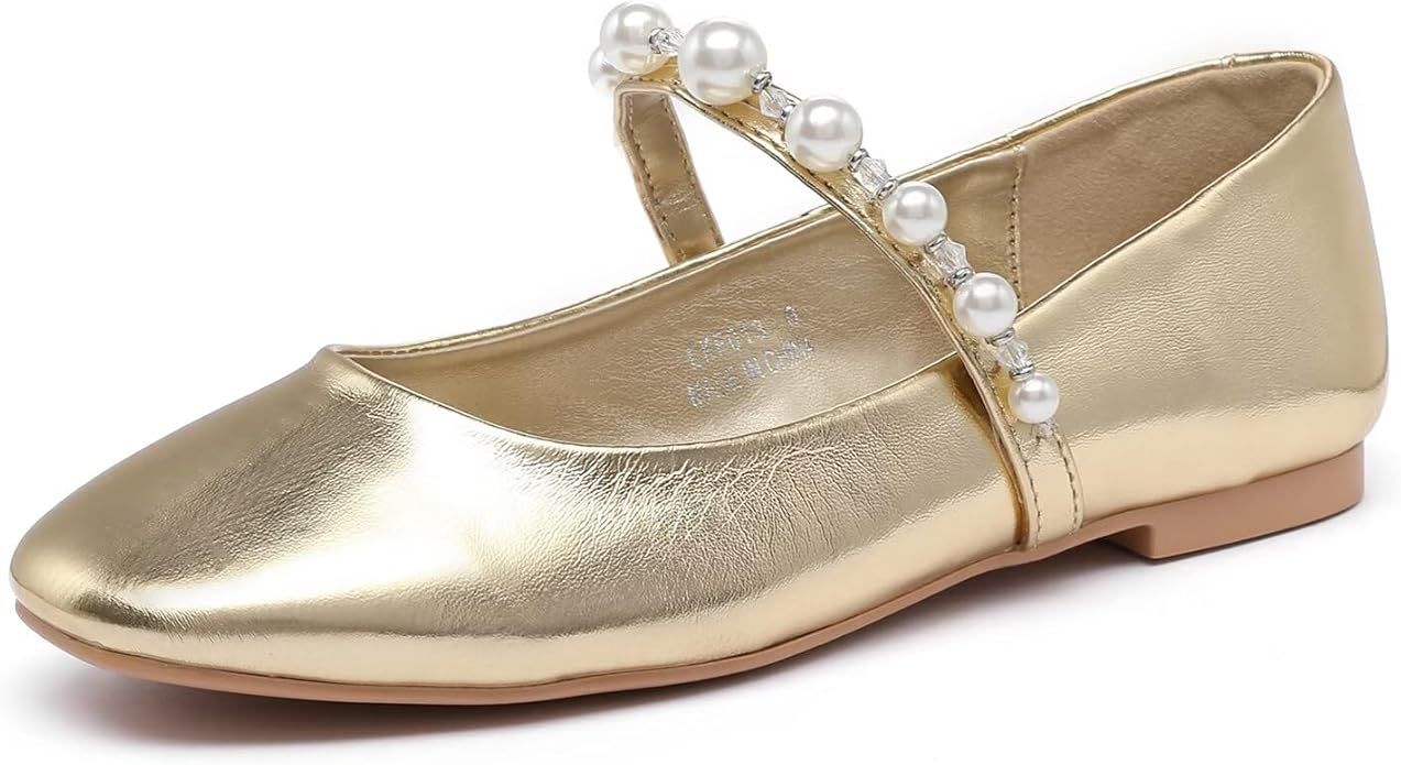 Ballet Flats Shoes for Women, Buckle Strap Flats Shoes, Pearl Mary Jane Flats for Women Sparkly B... | Amazon (US)