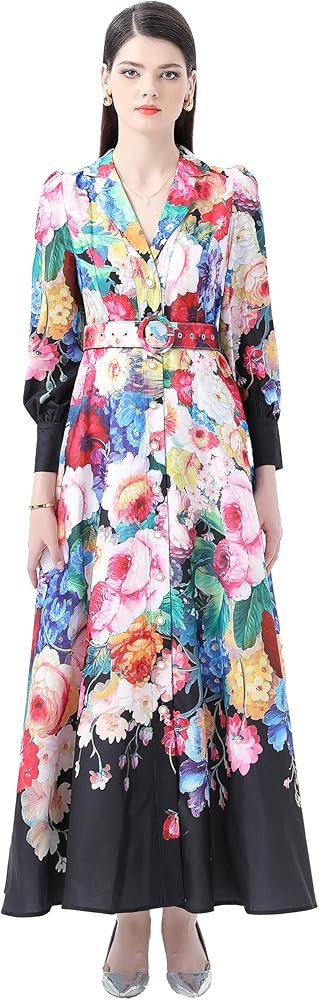 LAI MENG FIVE CATS Women's Notch Lapels Puff Sleeve Floral Print Single Breasted Maxi Dress with ... | Amazon (US)