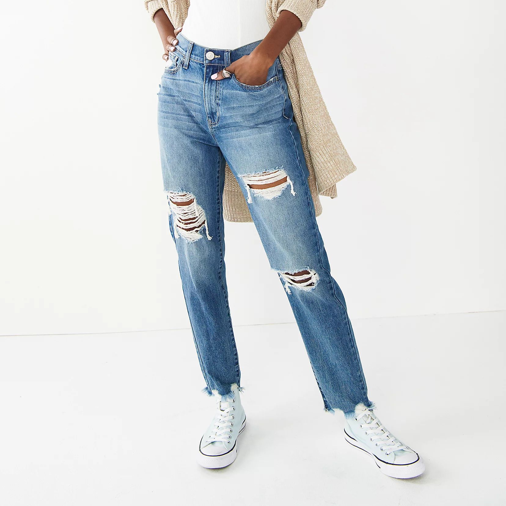 Juniors' SO® High Rise Distressed Mom Jean | Kohl's