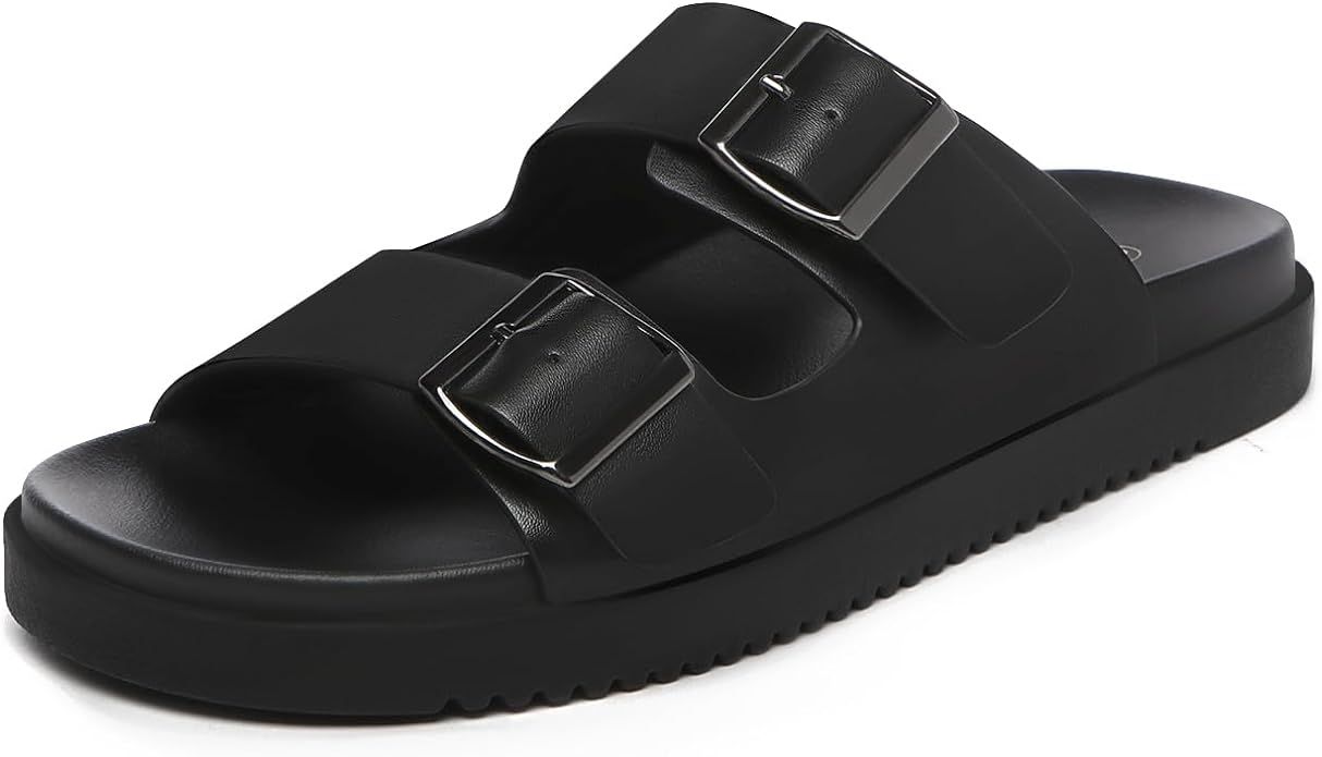 Rihero Women's Flat Sandals Comfort Adjustable Double Strap Slip on Leather Footbed Sandals | Amazon (US)