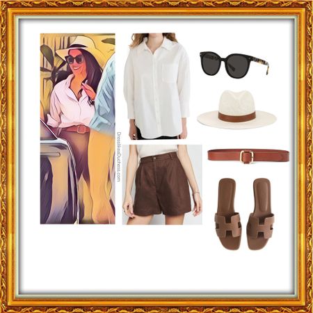 Meghan Markle casual style in Santa Barbara 🌴🌊 in Annie Bing Mika Shirt/Reformation Mason shorts/Hermes Oran sandals/Ralph Lauren slider belt 