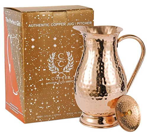 Pure Copper Pitcher with a Lid, Large Size Solid Copper Handcrafted Copper Water Hammered Jug, Capacity 70 Oz/2000ml, Copper Carafe For Home, Hotels & Gifting | Amazon (US)