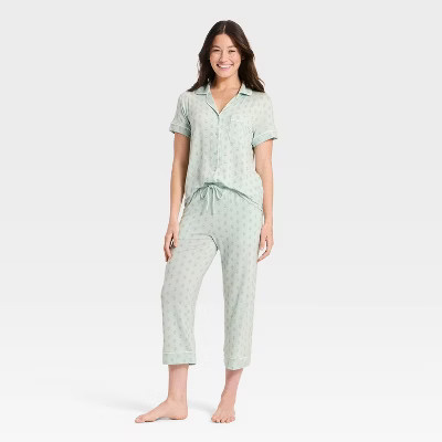 Women's Cloud Knit Short Sleeve Notch Collar Top and Cropped Pants Pajama Set - Auden™ Light Mint Block Print XS | Target