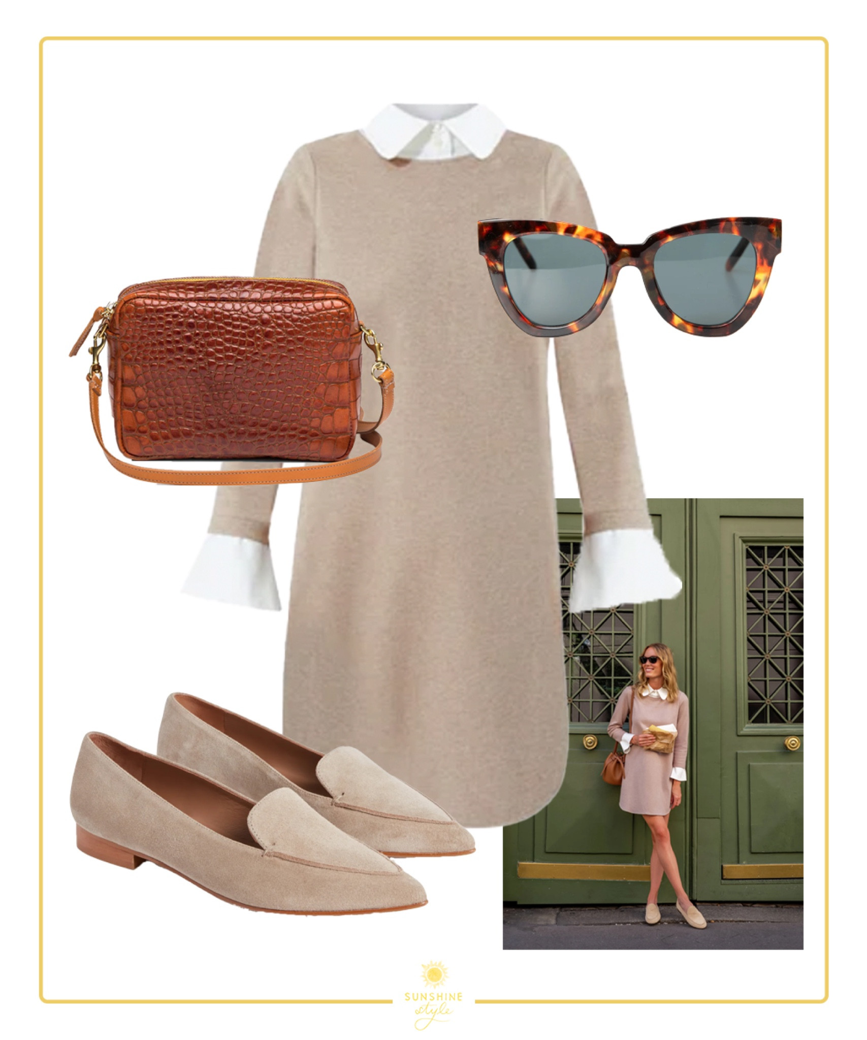 Thanksgiving Outfit: Neutrals, fall dress, fall outfit, preppy, suede flats, crossbody bag, holiday outfit, Christmas outfit, Tuckernuck dress, thanksgiving dress, neutral outfit 