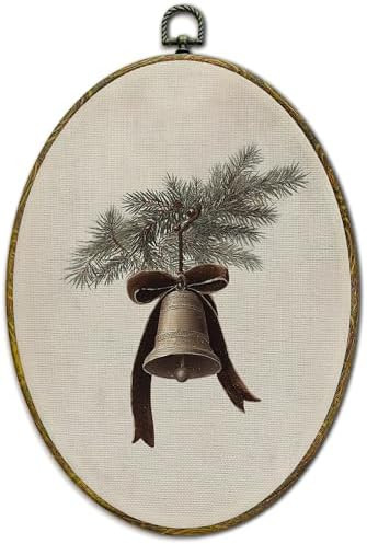 XFCICRLJ Vintage Christmas Bell Wall Art Decor, Neutral Christmas Bell Pine Bow Oval Canvas Print... | Amazon (US)