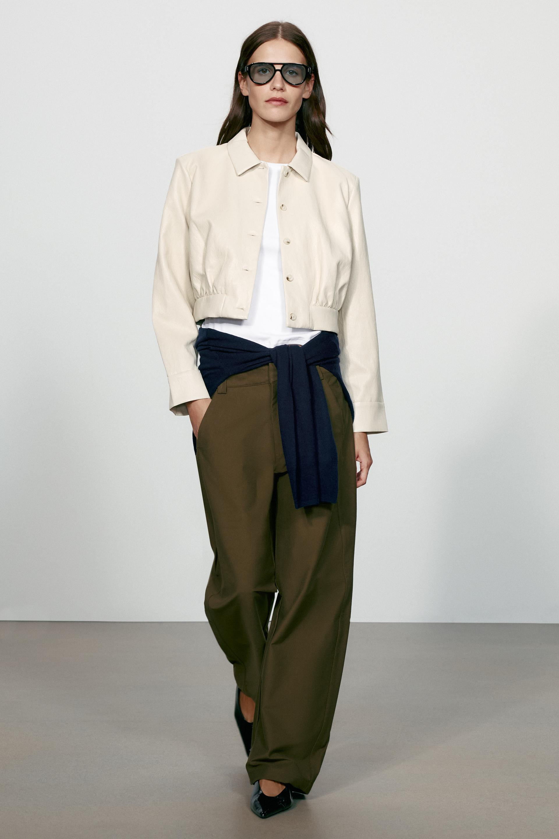 Zara - Cropped Leather-Effect Shoulder-Pad Shirt - Ecru - S - Woman | Zara US