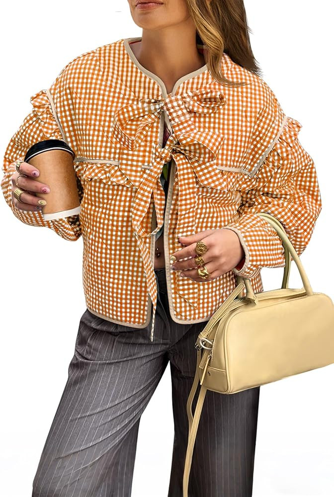 Tankaneo Womens Plaid Quilted Jackets Tie Front Lightweight Cropped Jacket Ruffled Puffer Padded ... | Amazon (US)