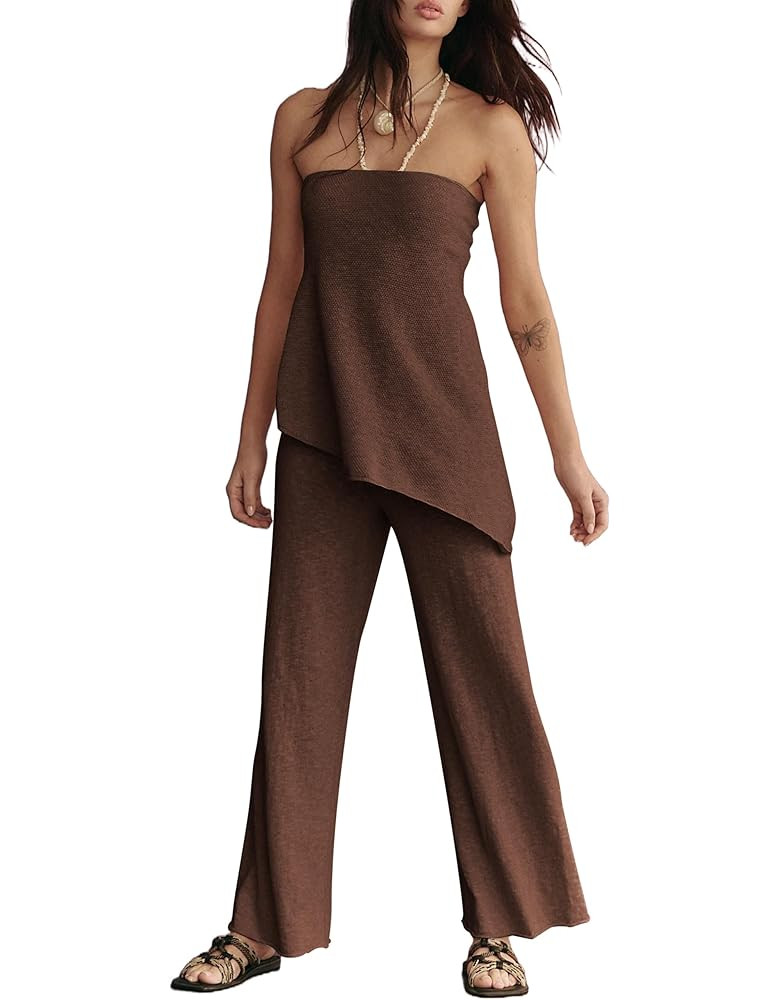 Summer Knit Sweater Sets for Women 2 Piece Vacation Outfits Strapless Tube Top and Pants Sets Mat... | Amazon (US)