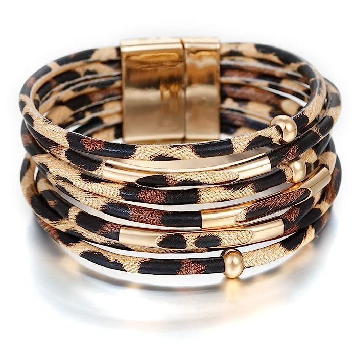 Avenche Leopard Bracelets for Women Metal Pipe Charm Multilayer Wide Leather Wrap Bracelet | Amazon (US)