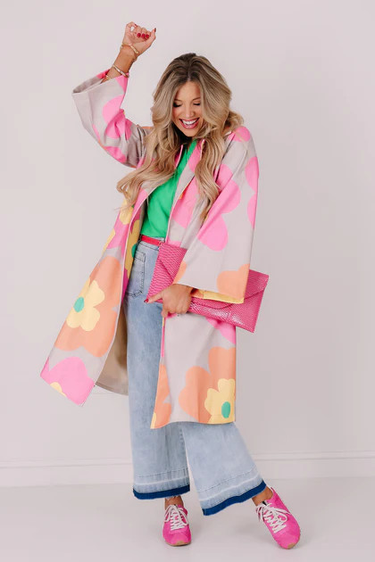Fun of it All Pink Orange Flower Print Long Sleeve Jacket | The Willow Tree