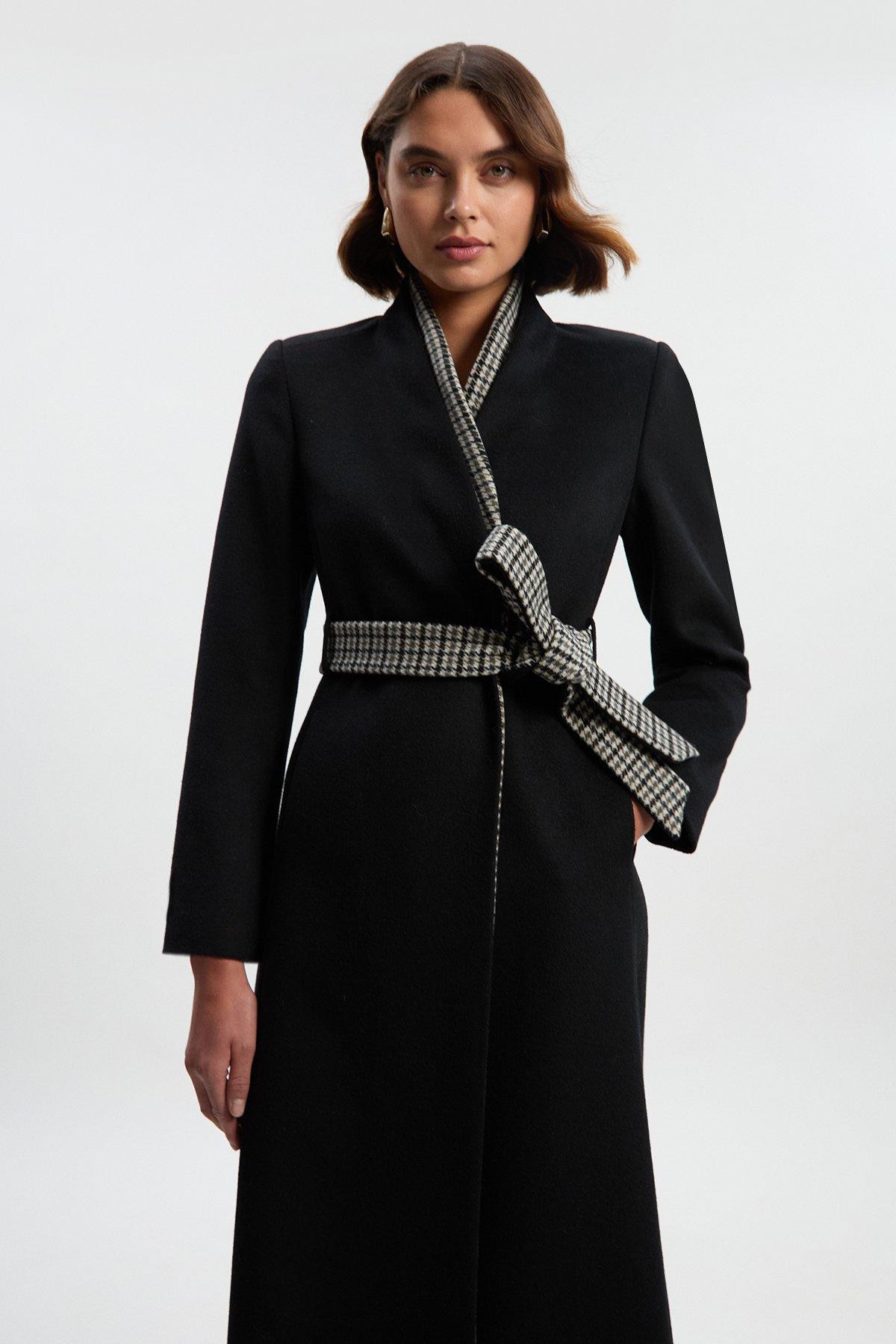 Brushed Wool Houndstooth Mix Belted Wrap Neck Tailored Midi Coat | Karen Millen UK + IE + DE + NL