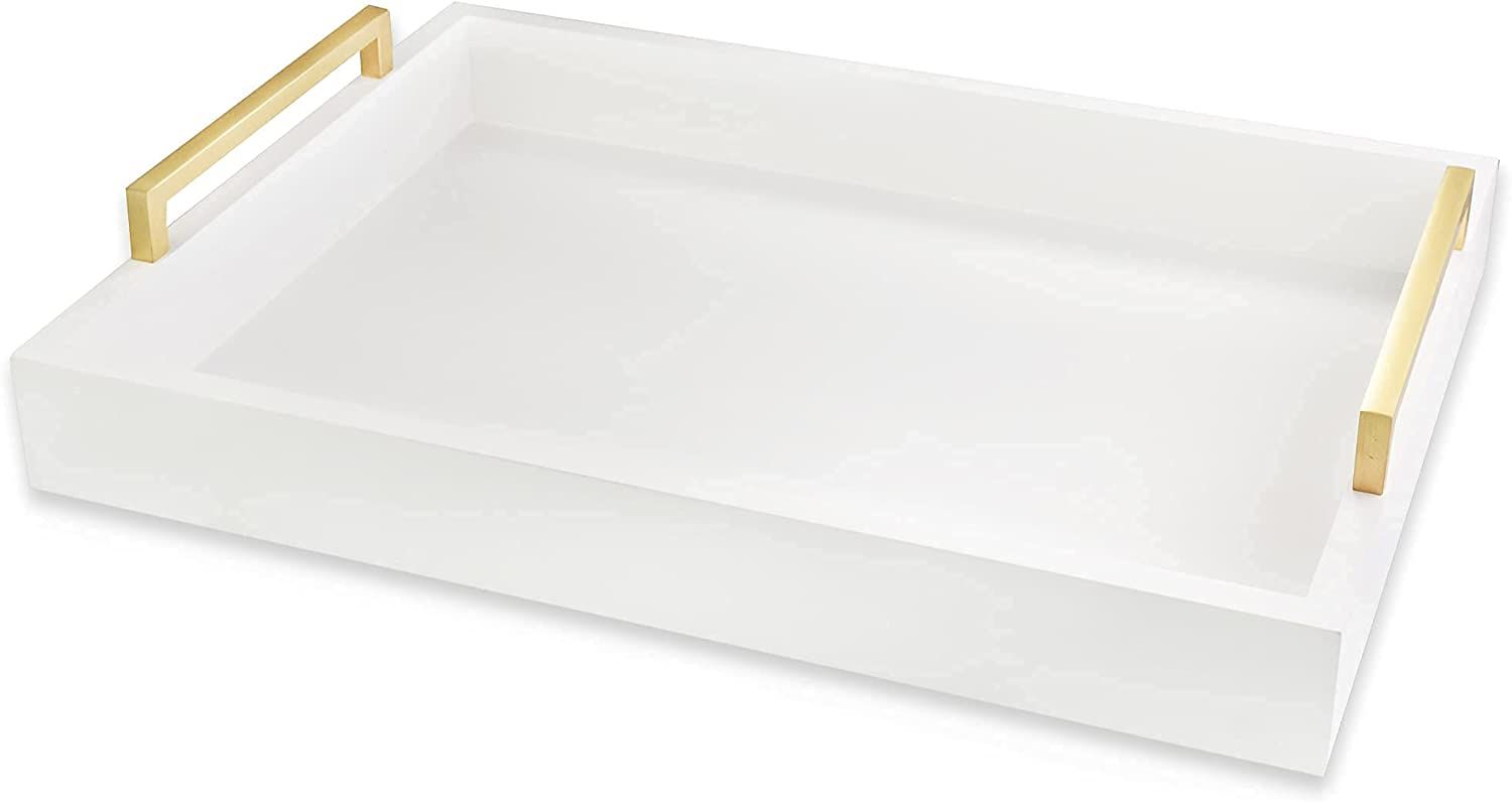 Crown Home & Living Ottoman Serving Tray 16.5x12.25 - White Coffee Table Tray with Brushed Gold H... | Amazon (US)