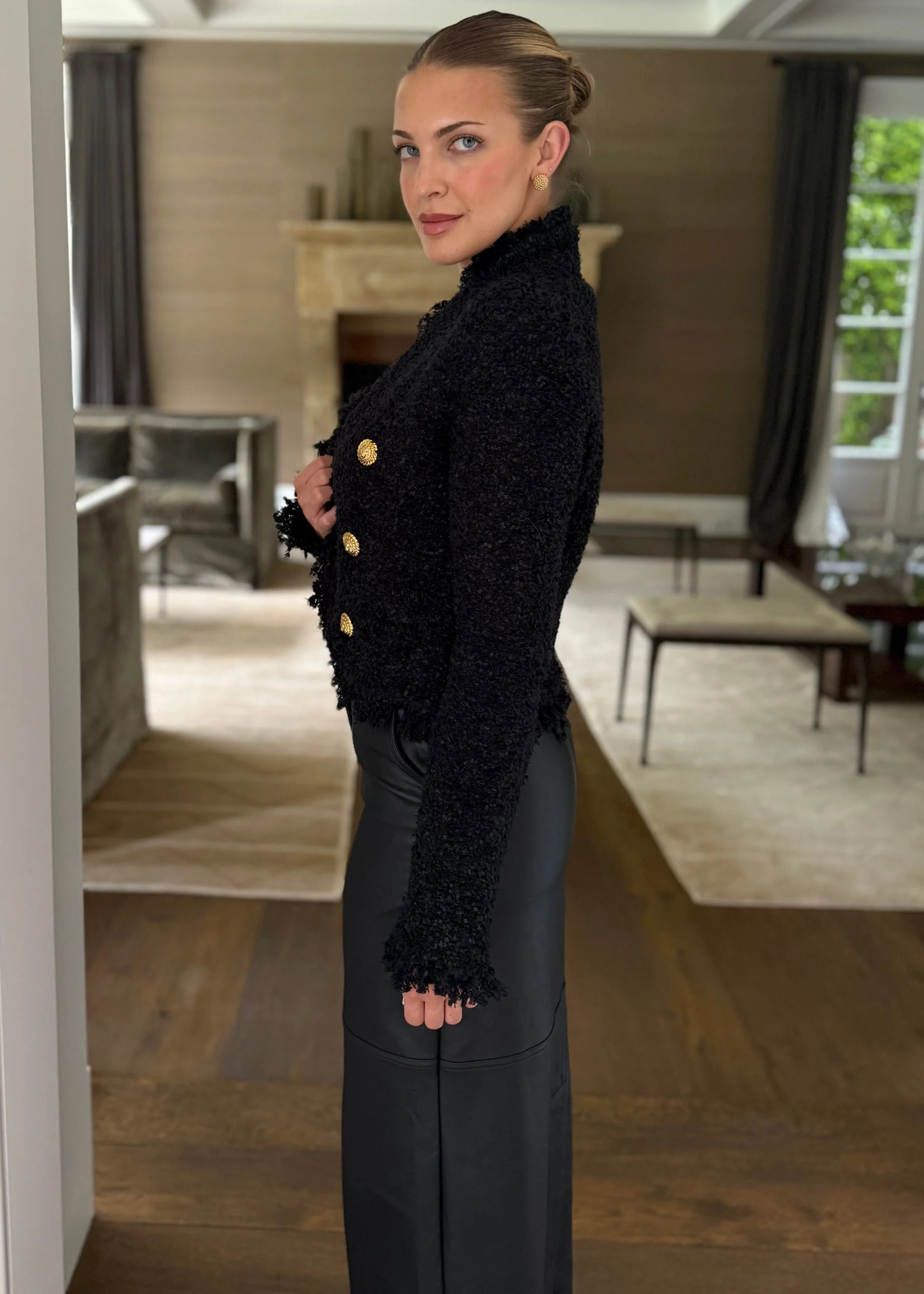 Cleo Cropped Black Shag Jacket with Gold Buttons | Benaar La