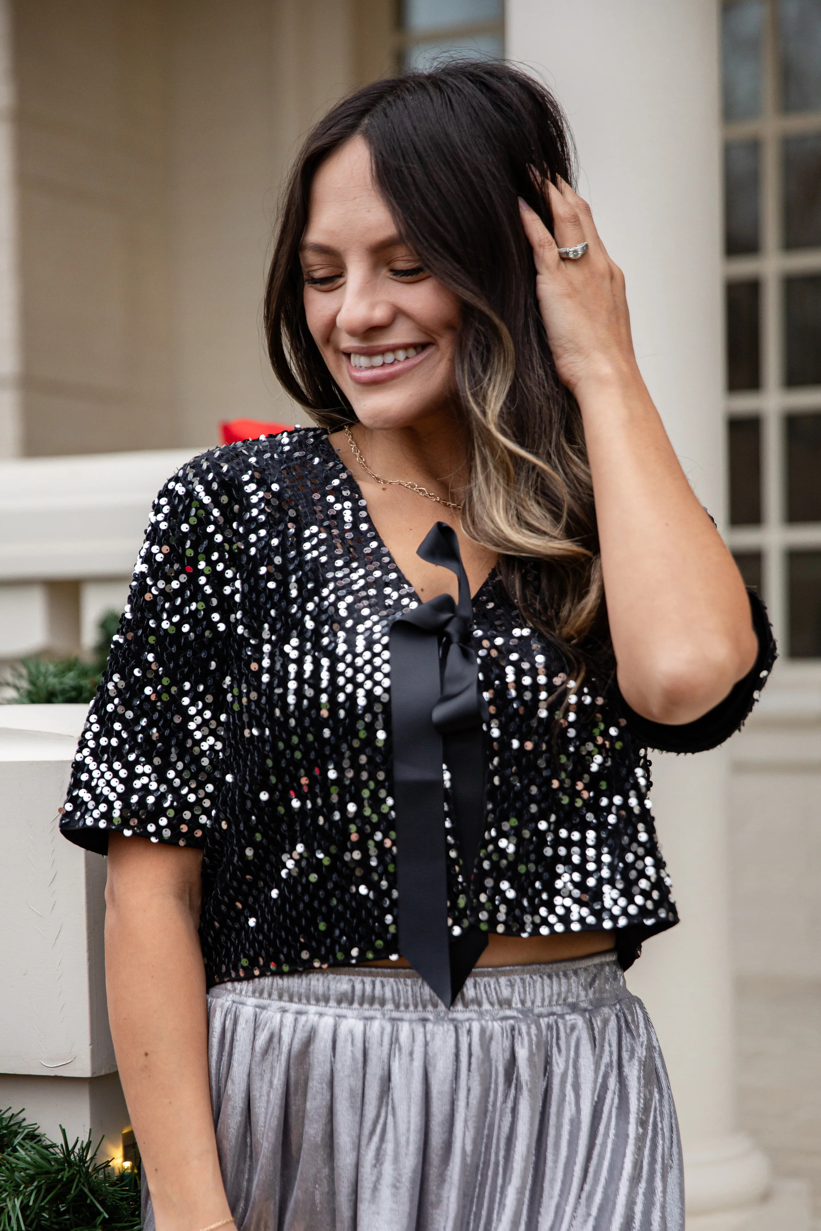 Black Ice Sparkle Sequin Tie Top | Trendy Women's Tops | Dress Up | Dress Up