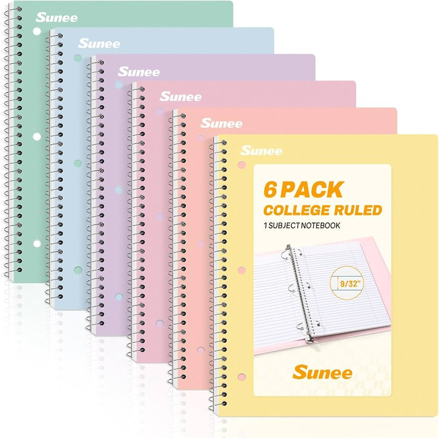SUNEE Spiral Notebooks, 6 Pack, 1-Subject, College Ruled Paper, 8" x 10-1/2", 70 Sheets per Noteb... | Amazon (US)