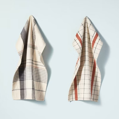 2pk Assorted Fall Plaid Kitchen Towel Set Pumpkin Brown/Blue - Hearth & Hand™ with Magnolia | Target