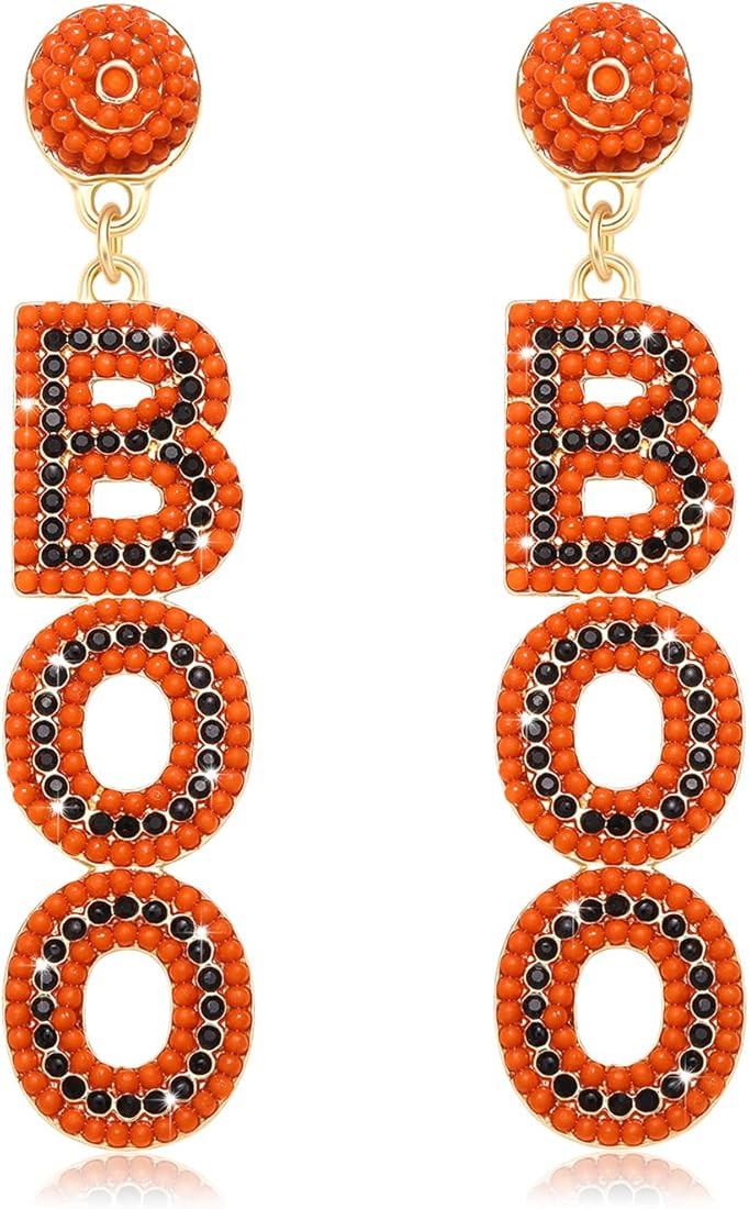 Halloween Earrings for Women Girls Sparkly Crystal Bead Halloween BOO Dangle Earrings Cute Black ... | Amazon (US)