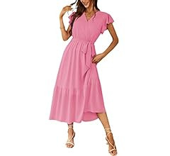 PRETTYGARDEN Women's 2023 Floral Summer Dress Wrap V Neck Short Sleeve Belted Ruffle Hem A-Line B... | Amazon (US)