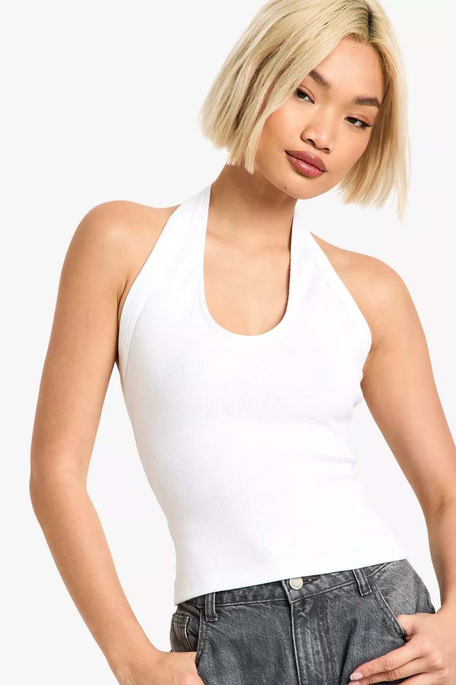 White Thick Binding Halter Neck Rib Vest | Boohoo.com (UK & IE)