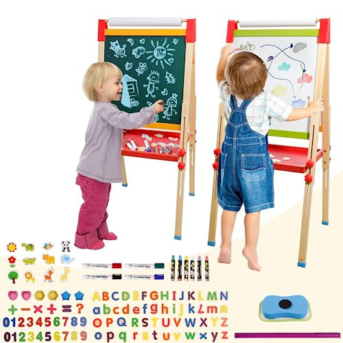 Easel for Kids Double-Sided Kids Easel with Paper Roll Wooden Art Easel Whiteboard & Chalkboard Adjustable Standing Toddler Easel with Accessories Gift for Boys and Girls | Amazon (US)