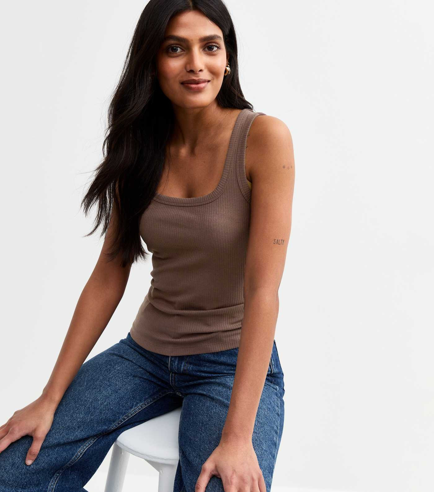 Dark Brown Ribbed Square Neck Vest Top | New Look | New Look (UK)
