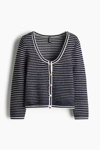 H & M - Textured-Knit Low-Cut Cardigan - Blue | H&M (US + CA)