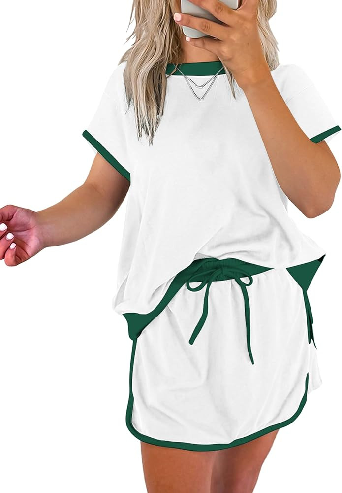 SELINK Lounge Sets for Women 2 Piece Skirt Colorblock Drop Shoulder T Shirt and Skort Set Summer ... | Amazon (US)
