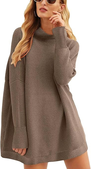 ANRABESS Women 2023 Fall Casual Turtleneck Batwing Sleeve Slouchy Oversized Ribbed Knit Tunic Swe... | Amazon (US)