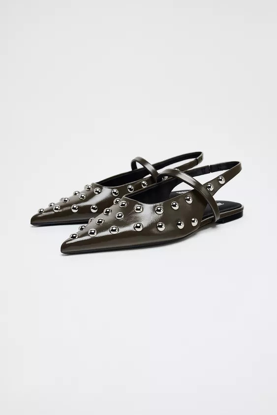 Flat slingback shoes with metallic studs on the upper. Front strap detail with adjustable elastic... | Zara US