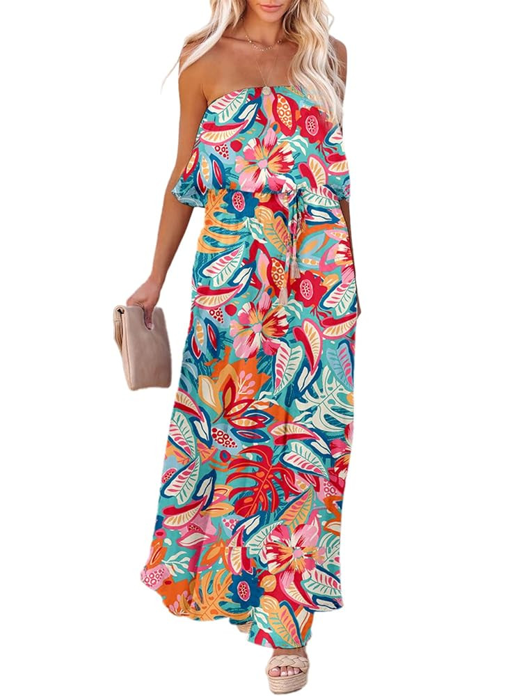 Dokotoo Womens Strapless Dresses Casual Summer High Waist Side Split Flowy Boho Maxi Dress | Amazon (US)