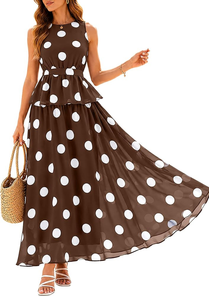 Glamaker Womens 2 Piece Polka Dot Maxi Skirt Set Sleeveless Peplum Top Flowy Matching Outfit for ... | Amazon (US)