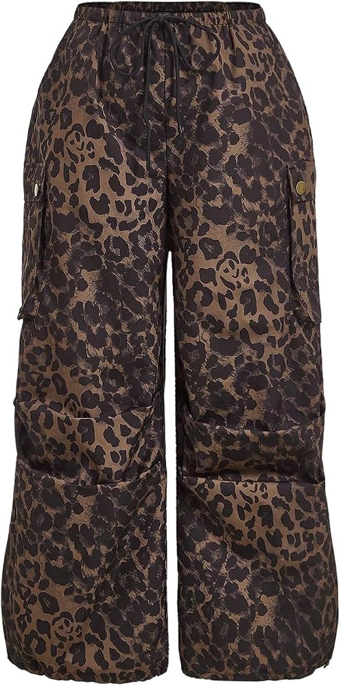 Verdusa Women's Plus Size Leopard Print Cargo Pants Drawstring High Waisted Wide Leg Baggy Trouse... | Amazon (US)