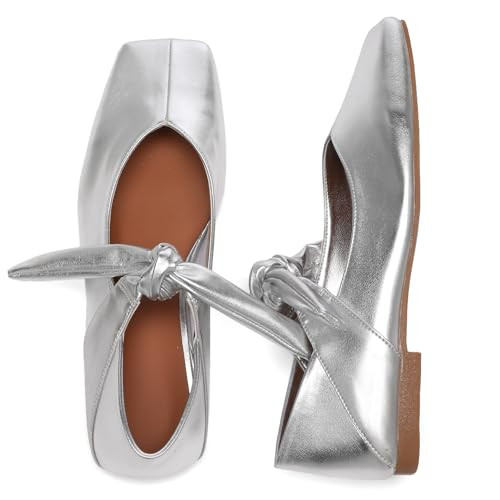 Riekhany Square Toe Ballet Flats for Women Bow Mary Jane Flats Slip On Dress Ballerina Shoes | Amazon (US)