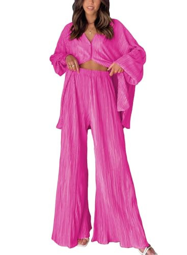 ARTFREE Womens Loungewear Set 2 Pieces Casual Pleated Outfits Sweatsuits Long Sleeve Button Down Shirt and Palazzo Pants | Amazon (US)